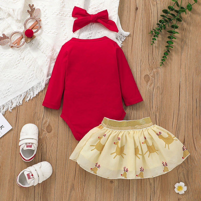 Baby Clothing Christmas Skirt Suit Baby Elk Printing Romper Short Skirt Two-piece Suit