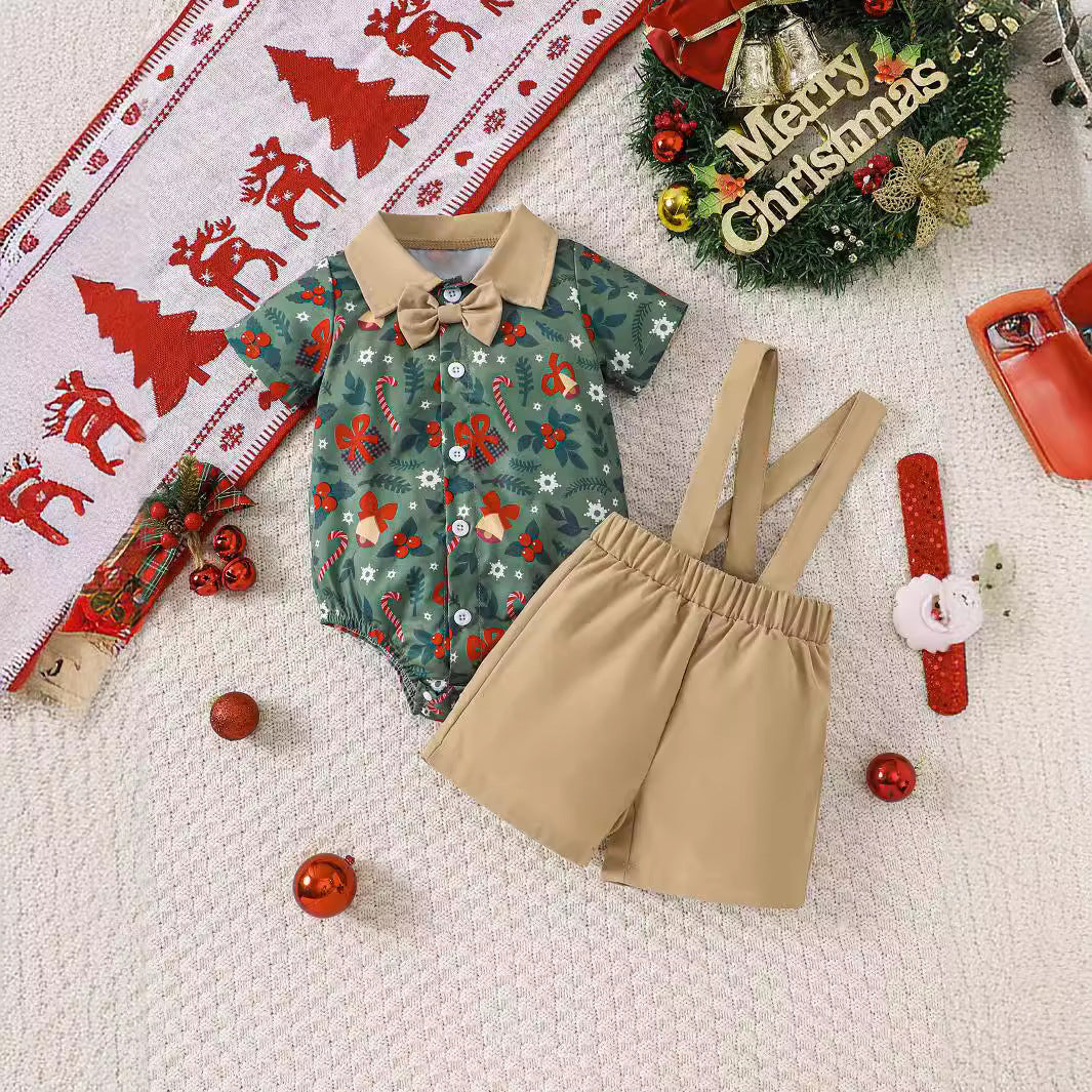 Baby Boys' Christmas Printing Short Sleeved Kazakhstan Suspender Pants Gentleman Suit