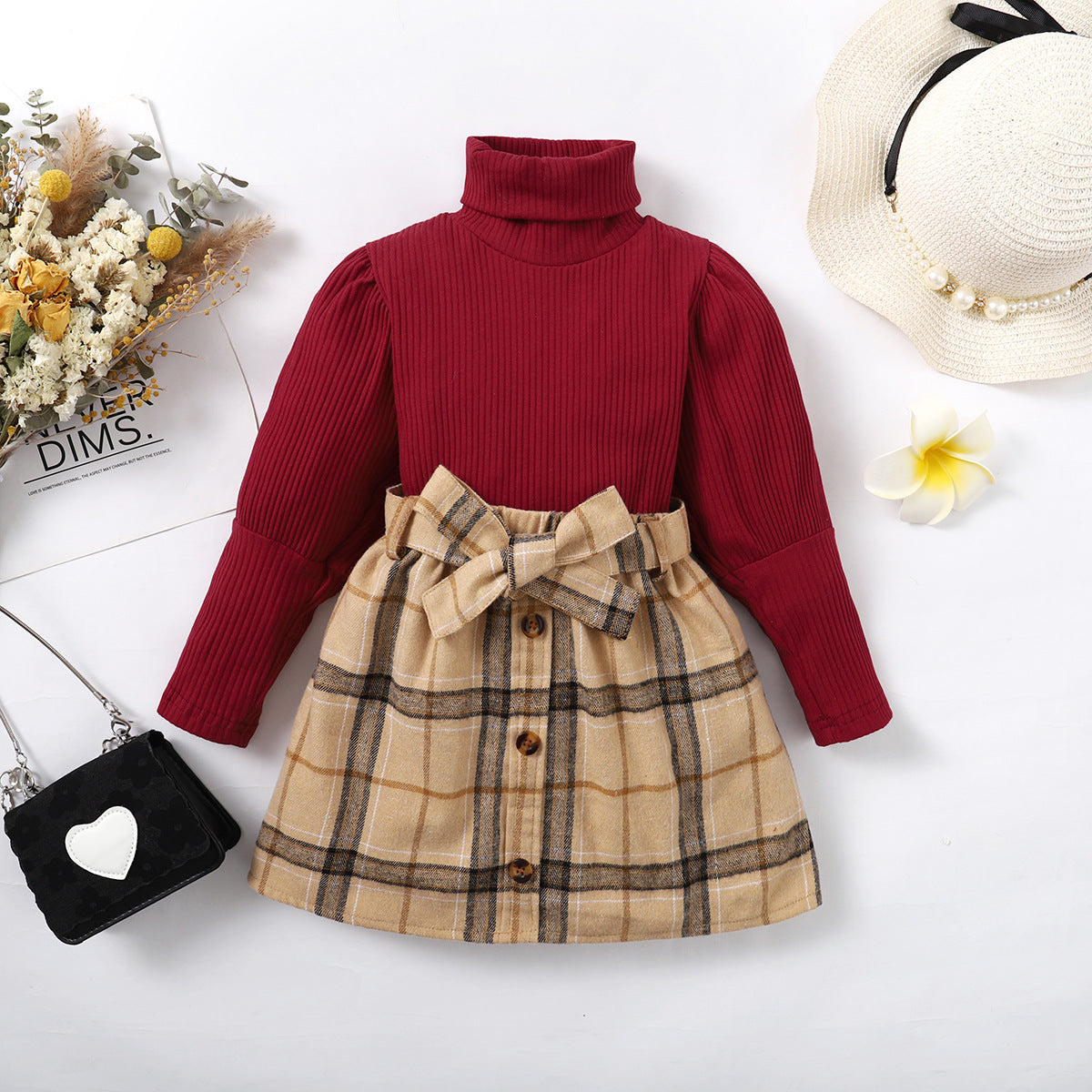 Girls' Winter Solid Color Long-sleeved Top + skirt