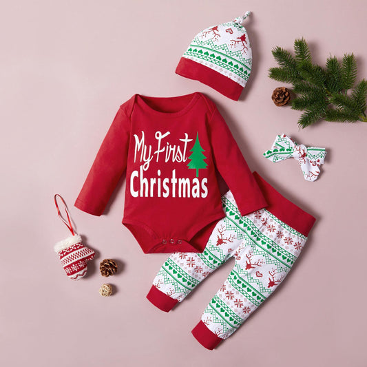 Baby Christmas Style Cotton Long-sleeve Jumpsuit Trousers