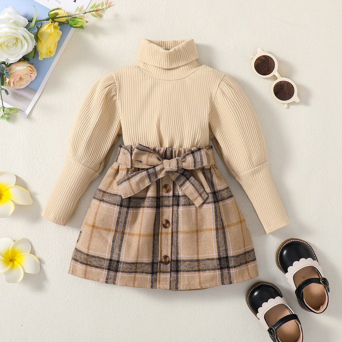 Girls' Winter Solid Color Long-sleeved Top + skirt