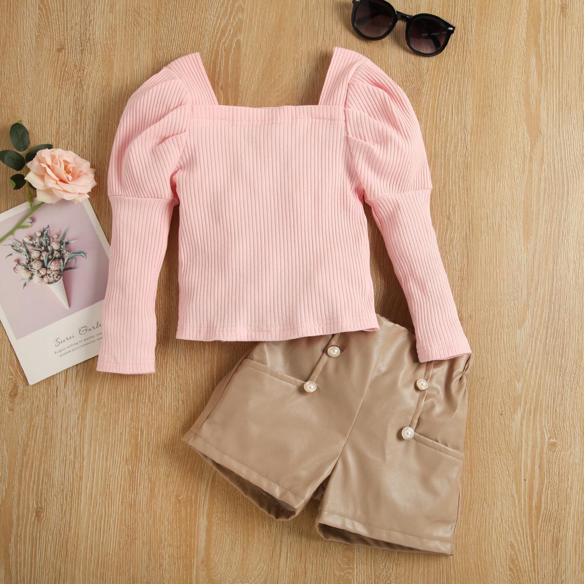 Girls Long Sleeve Cotton Top + Light Coffee Color Leather Pants Suit