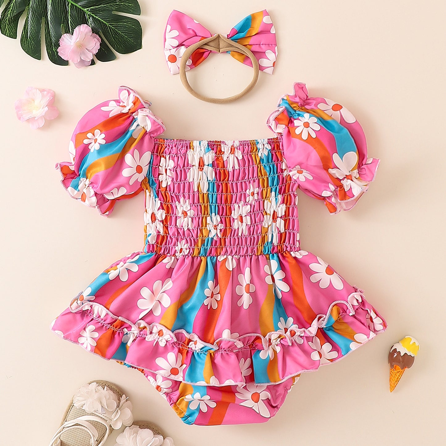 Bubble Sleeve Colorful Flower Romper Triangle Jumpsuit