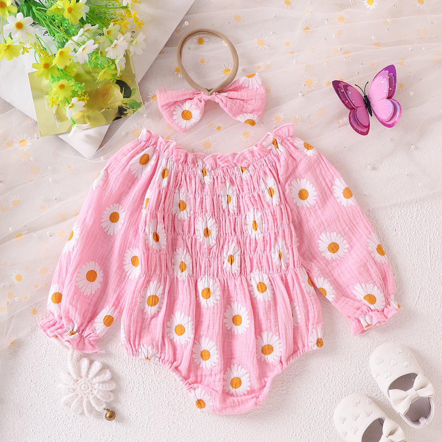 Baby Girl Floral Long Sleeve With Headdress Overalls