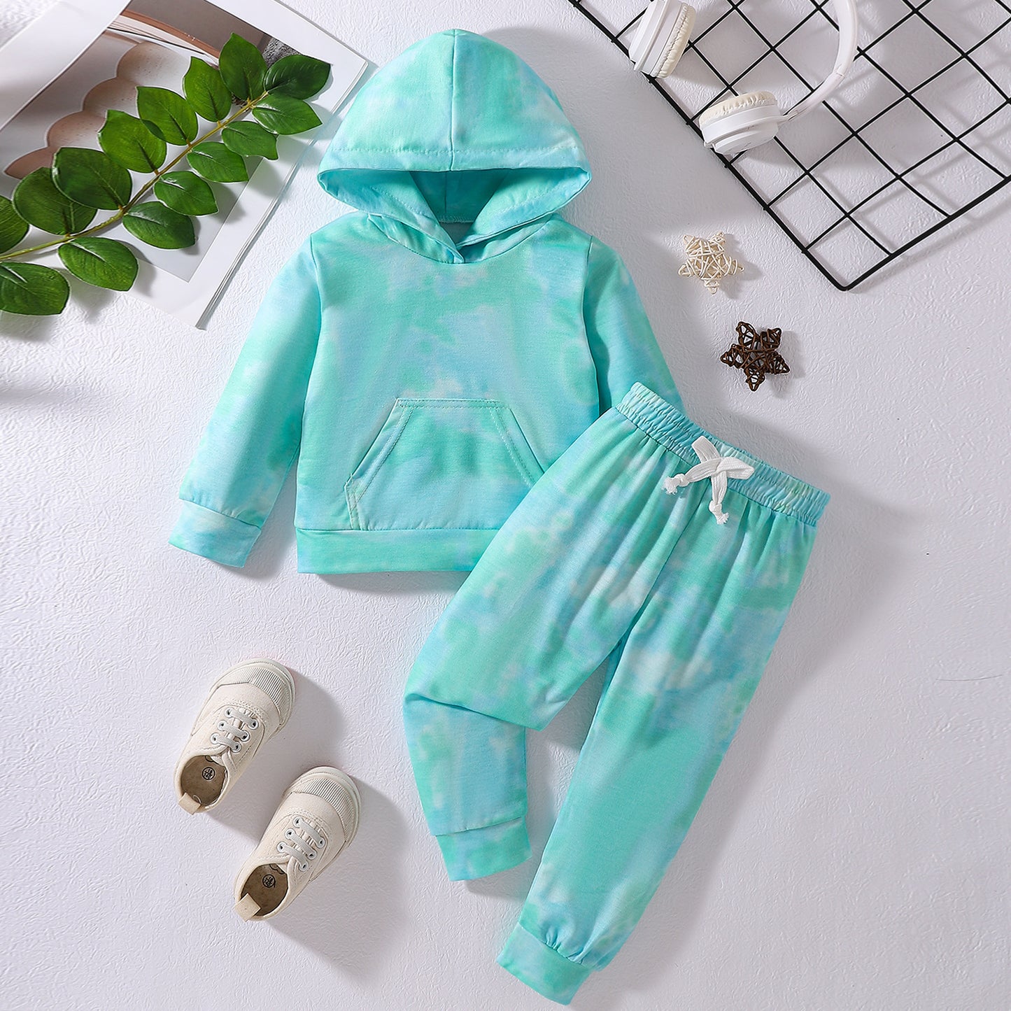 Girls' Tie-dye Long-sleeved Trousers Hooded Suits