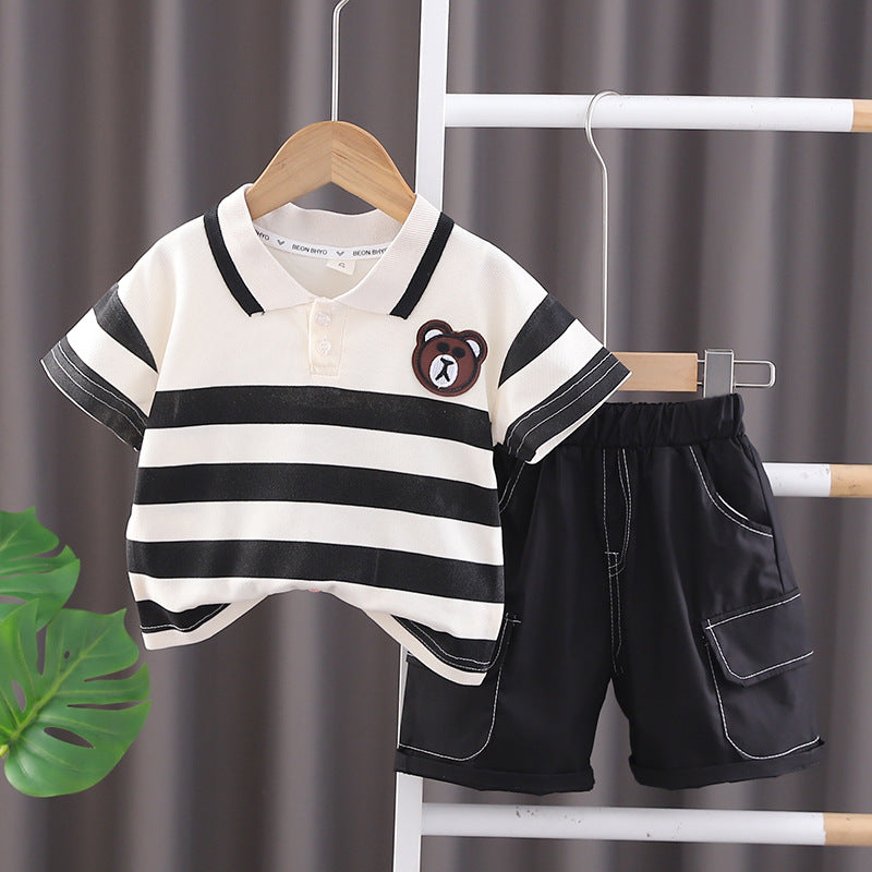 Casual Striped Short-sleeved Polo Shirt Two-piece Set