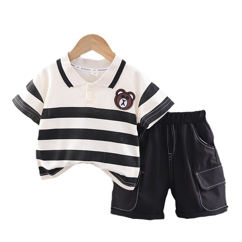 Casual Striped Short-sleeved Polo Shirt Two-piece Set