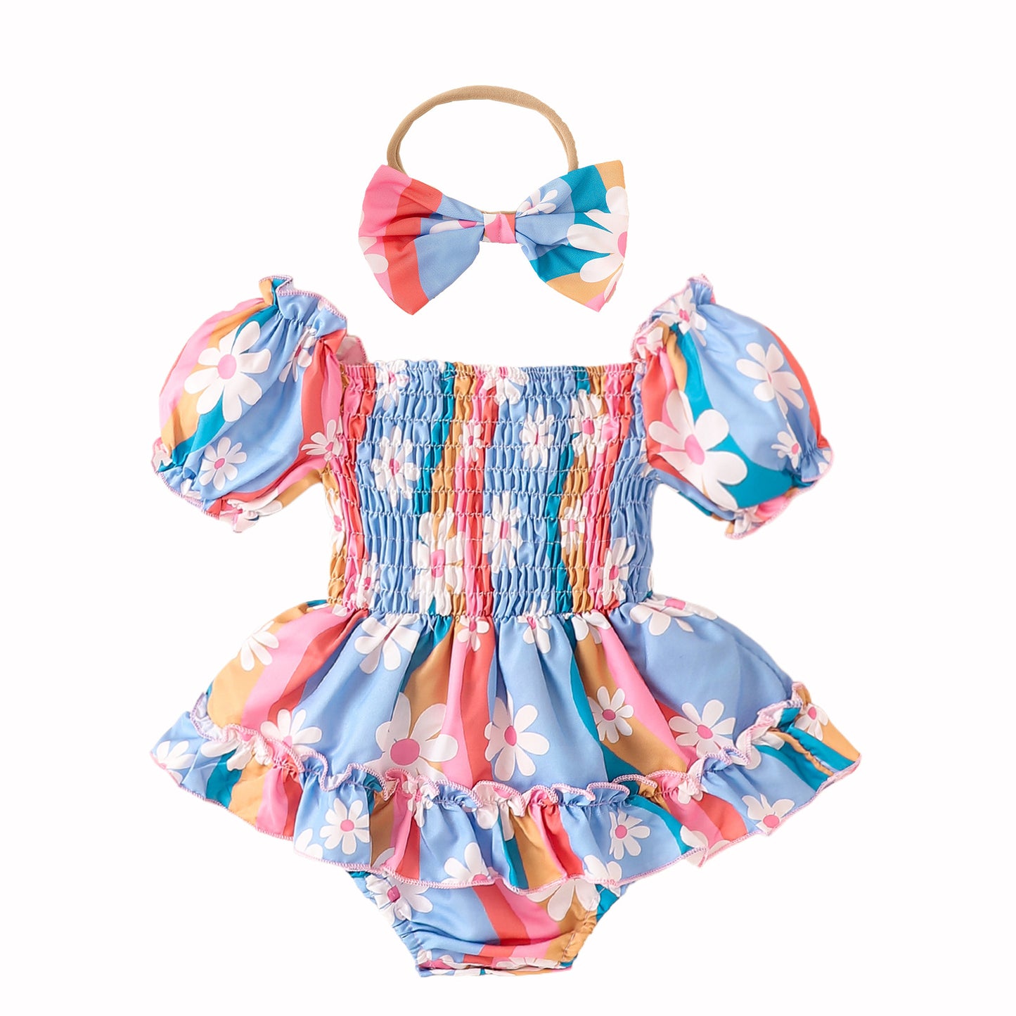 Bubble Sleeve Colorful Flower Romper Triangle Jumpsuit