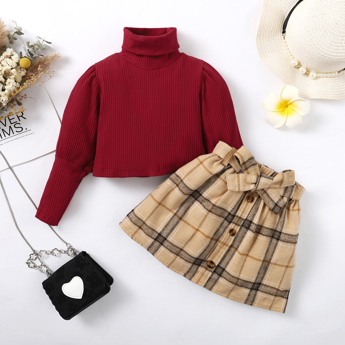 Girls' Winter Solid Color Long-sleeved Top + skirt