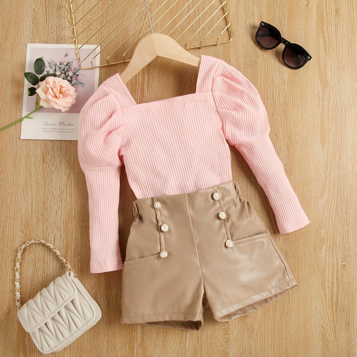 Girls Long Sleeve Cotton Top + Light Coffee Color Leather Pants Suit