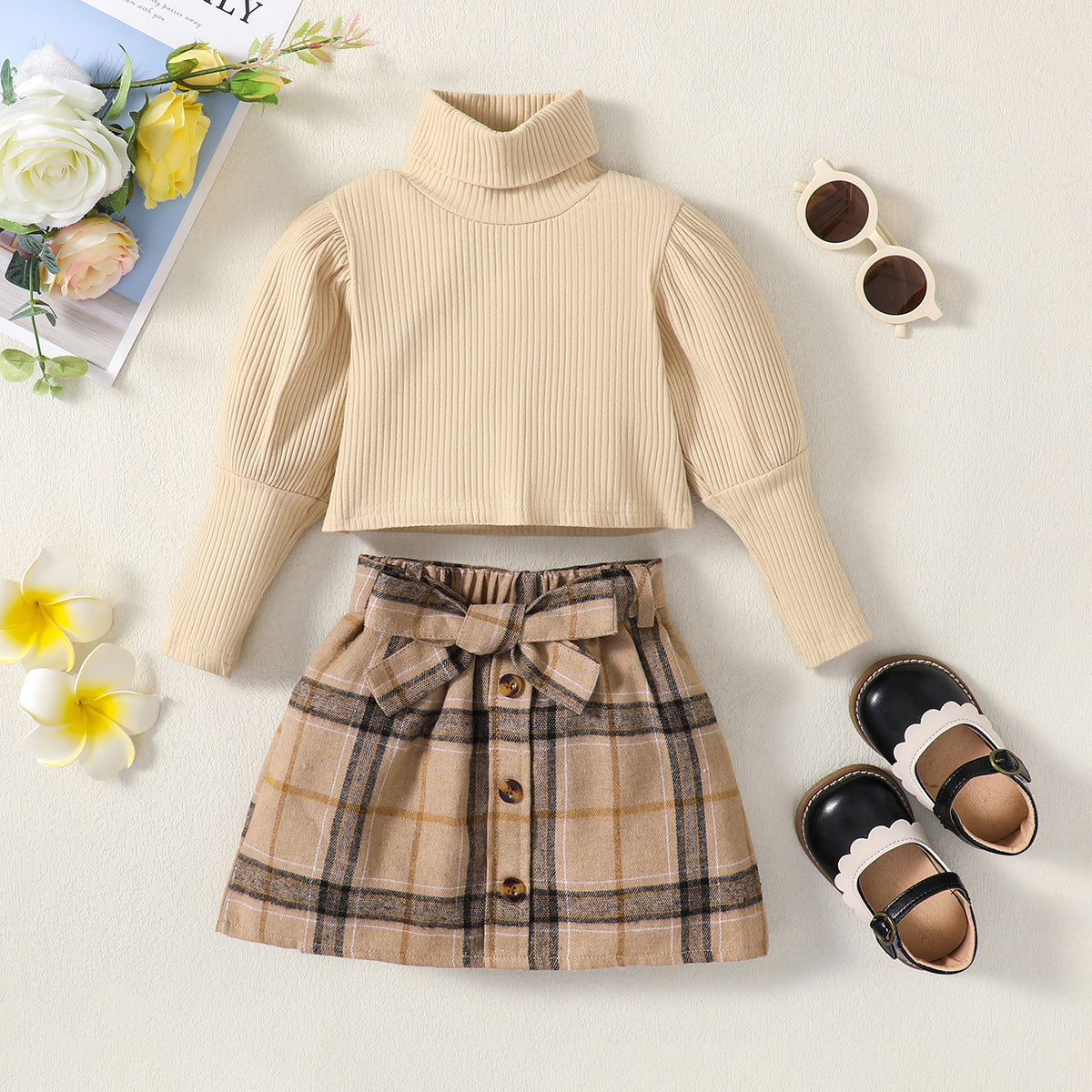 Girls' Winter Solid Color Long-sleeved Top + skirt