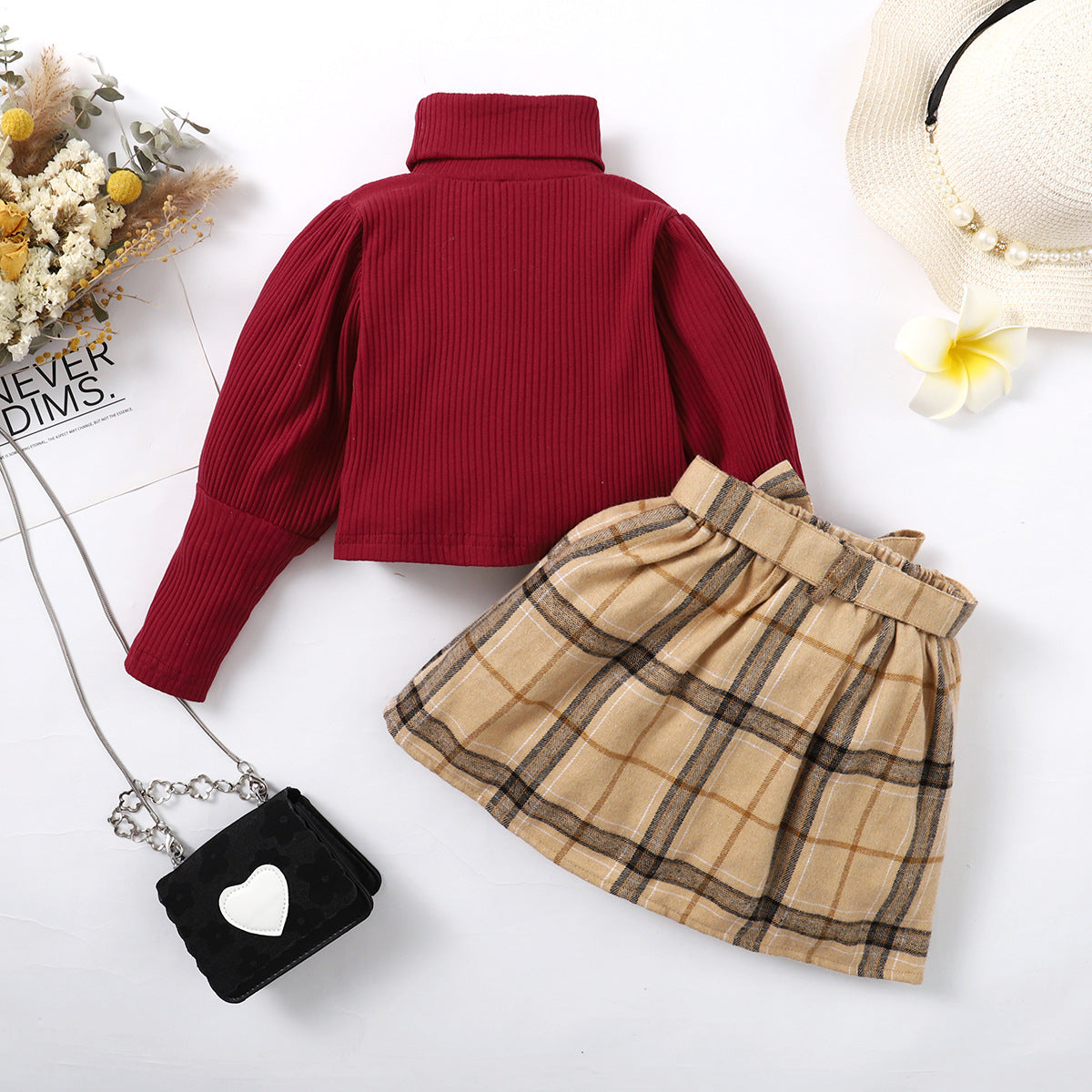 Girls' Winter Solid Color Long-sleeved Top + skirt