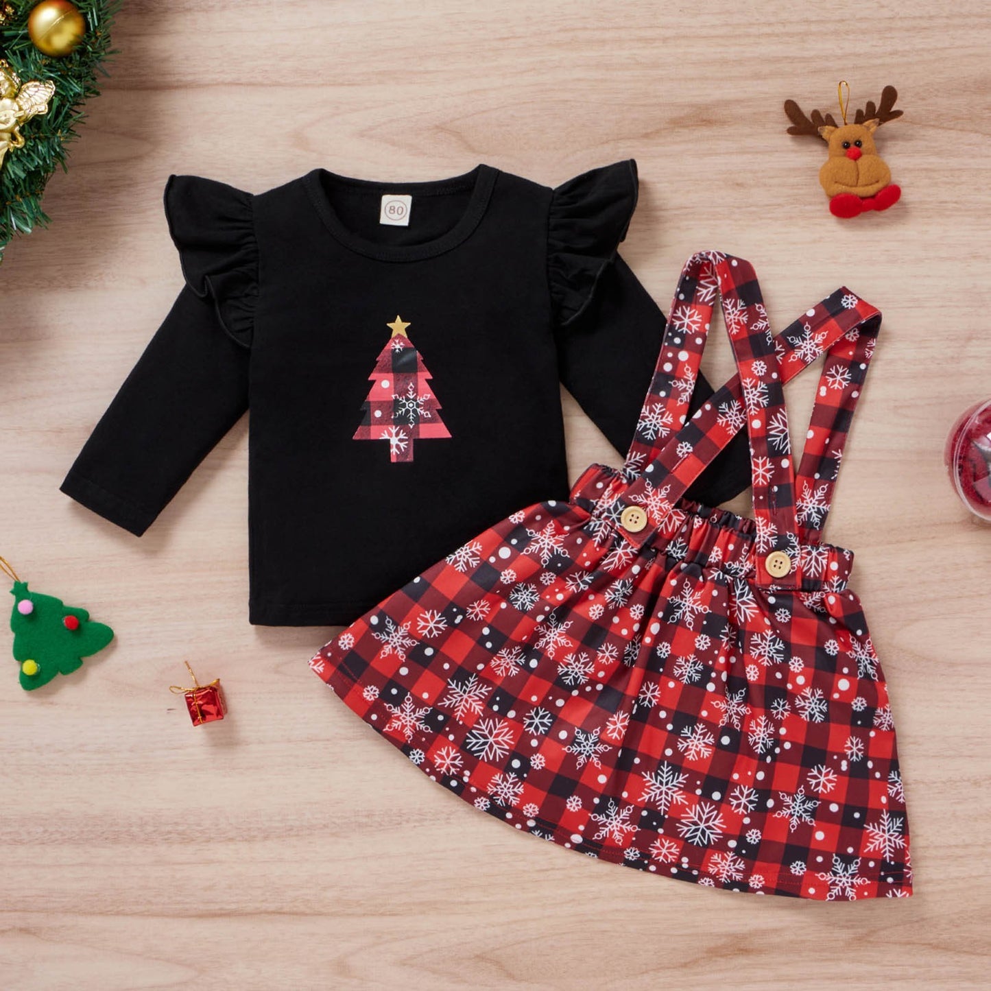 Baby Girls Christmas Clothing Print Tshirt Plaid Skirts